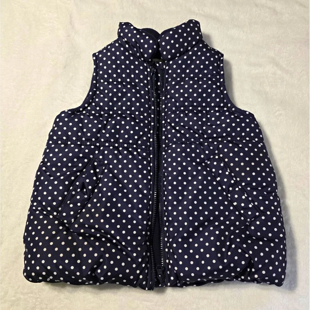 OshKosh B'gosh Puffer Vest Kids 5 Navy White Polka Dot Quilted Full Zip Pockets